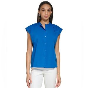 CALVIN KLEIN Cap Sleeve Ruching on shoulders Button Front Blouse Royal B…